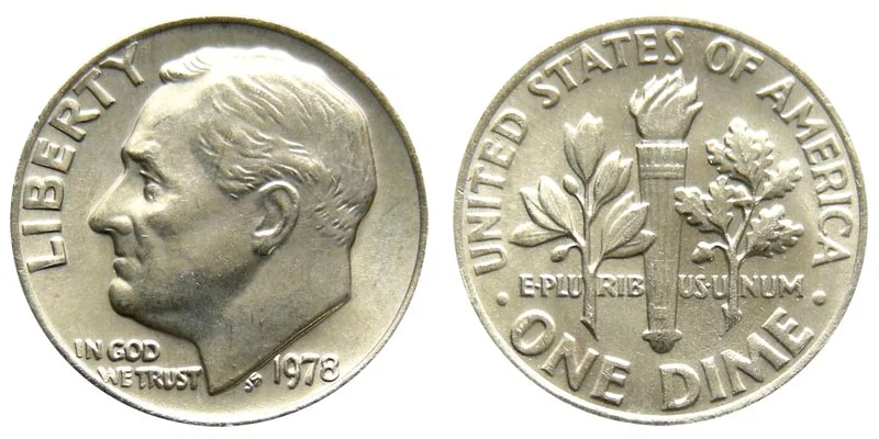 1978 Roosevelt dime obverse and reverse showing John R. Sinnock design and torch reverse