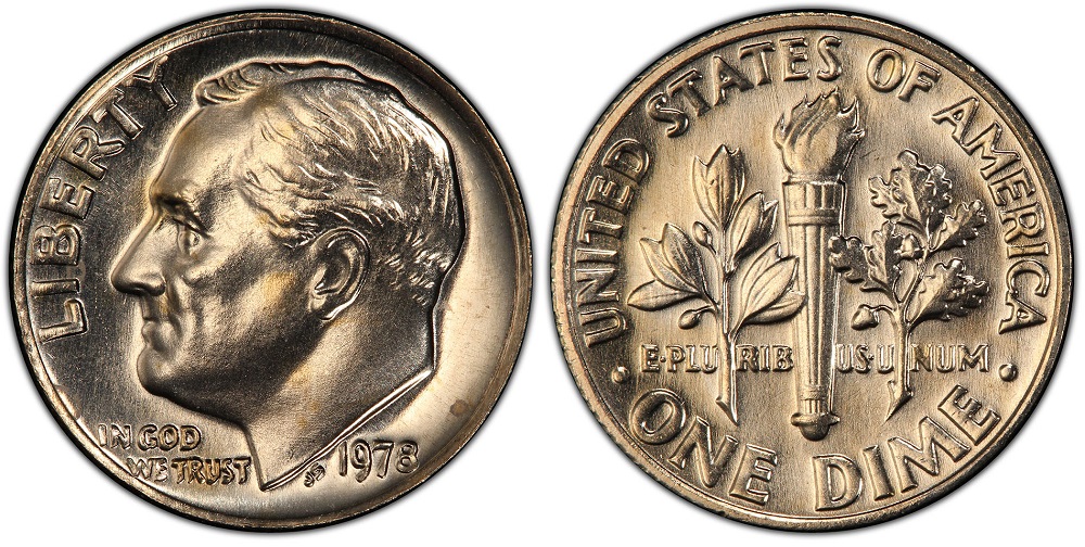 1978 dime reverse torch comparison: incomplete bands (common) vs Full Bands separation (rare)