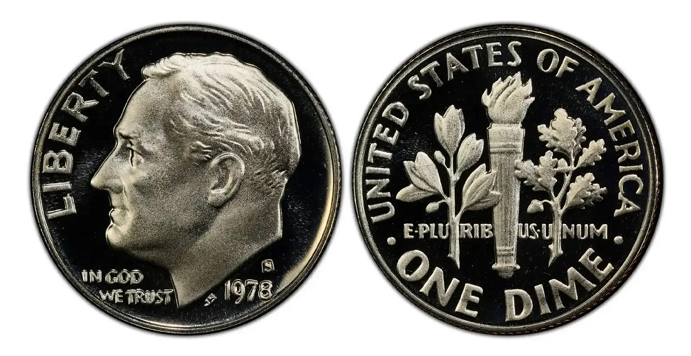 1978 dime reverse torch close-up showing Full Bands horizontal band separation on the Roosevelt dime