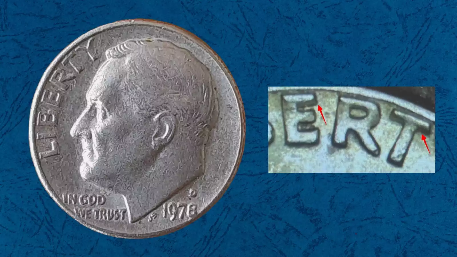 1978 Roosevelt dime doubled die obverse error showing separation on LIBERTY lettering under magnification