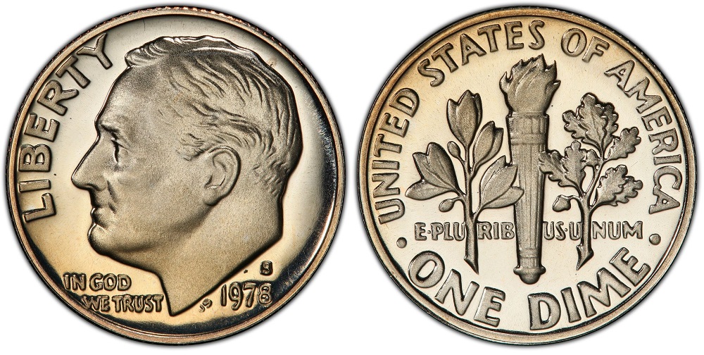 1978 Roosevelt dime grading strip showing four condition levels: Good, Fine, About Uncirculated, and Mint State
